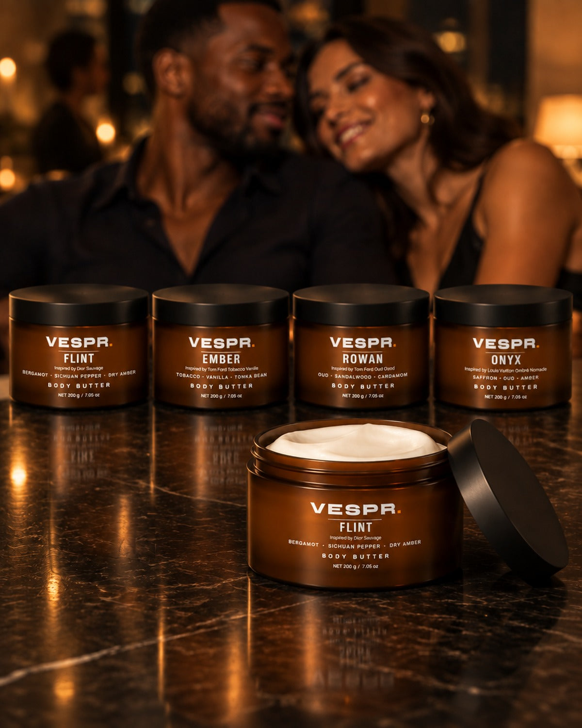 The four VESPR scents in a row and the open jar, at an evening out