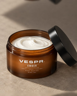 VESPR EMBER jar open — dense, smooth body butter