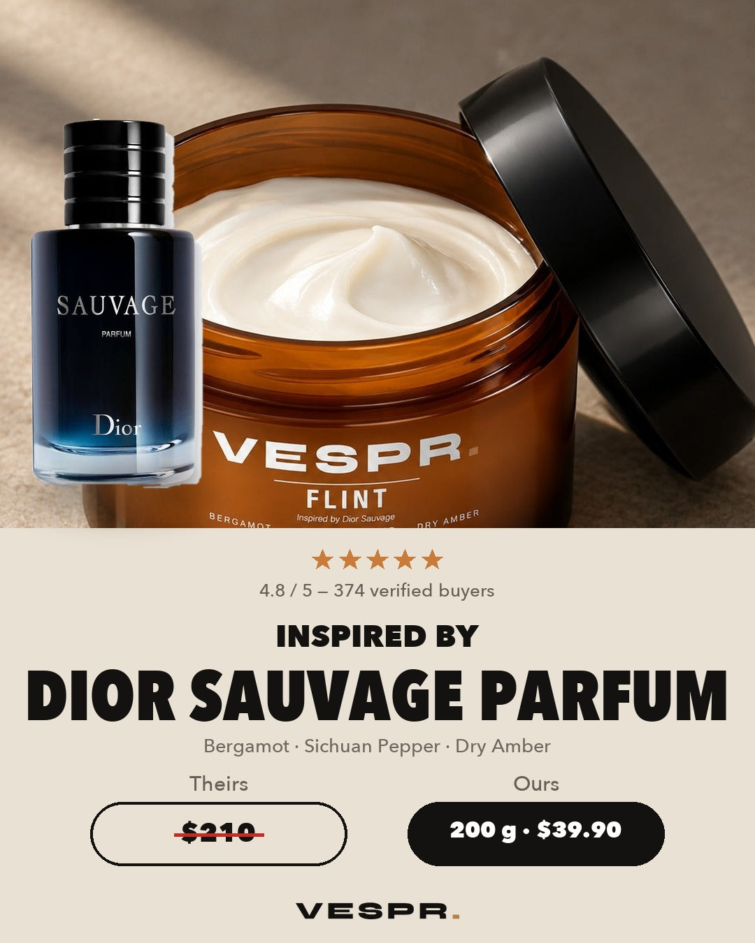 VESPR FLINT body butter beside a Dior Sauvage Parfum bottle. 200 g for $39.90.