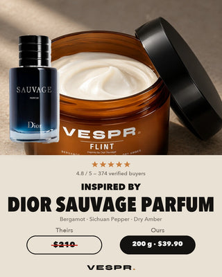 VESPR FLINT body butter beside a Dior Sauvage Parfum bottle. 200 g for $39.90.