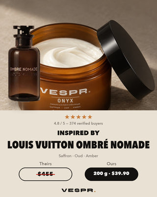 VESPR ONYX body butter beside a Louis Vuitton Ombre Nomade bottle. 200 g for $39.90.