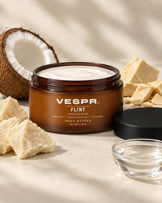Shea, coconut and cocoa butter with glycerin around the open jar