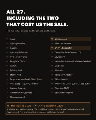 All 27 ingredients, including the two that cost us the sale