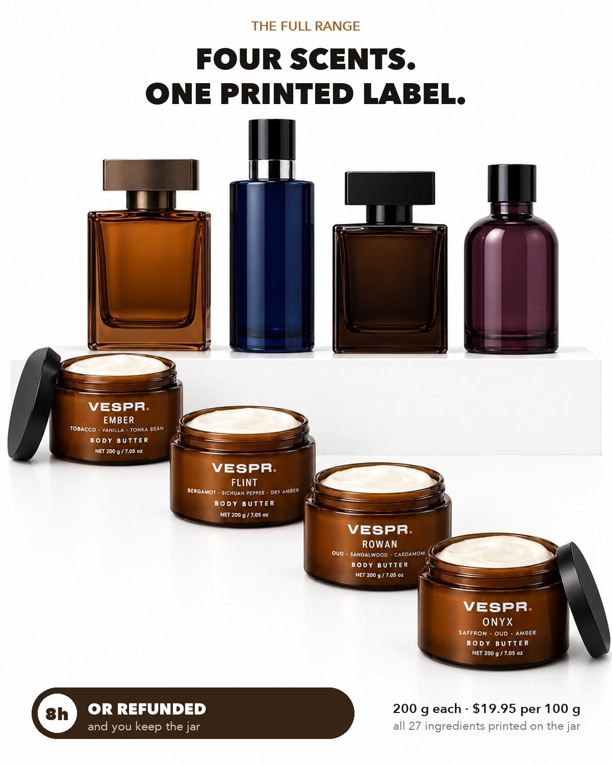 Four scents, one printed label — the VESPR range beside four luxury fragrance bottles